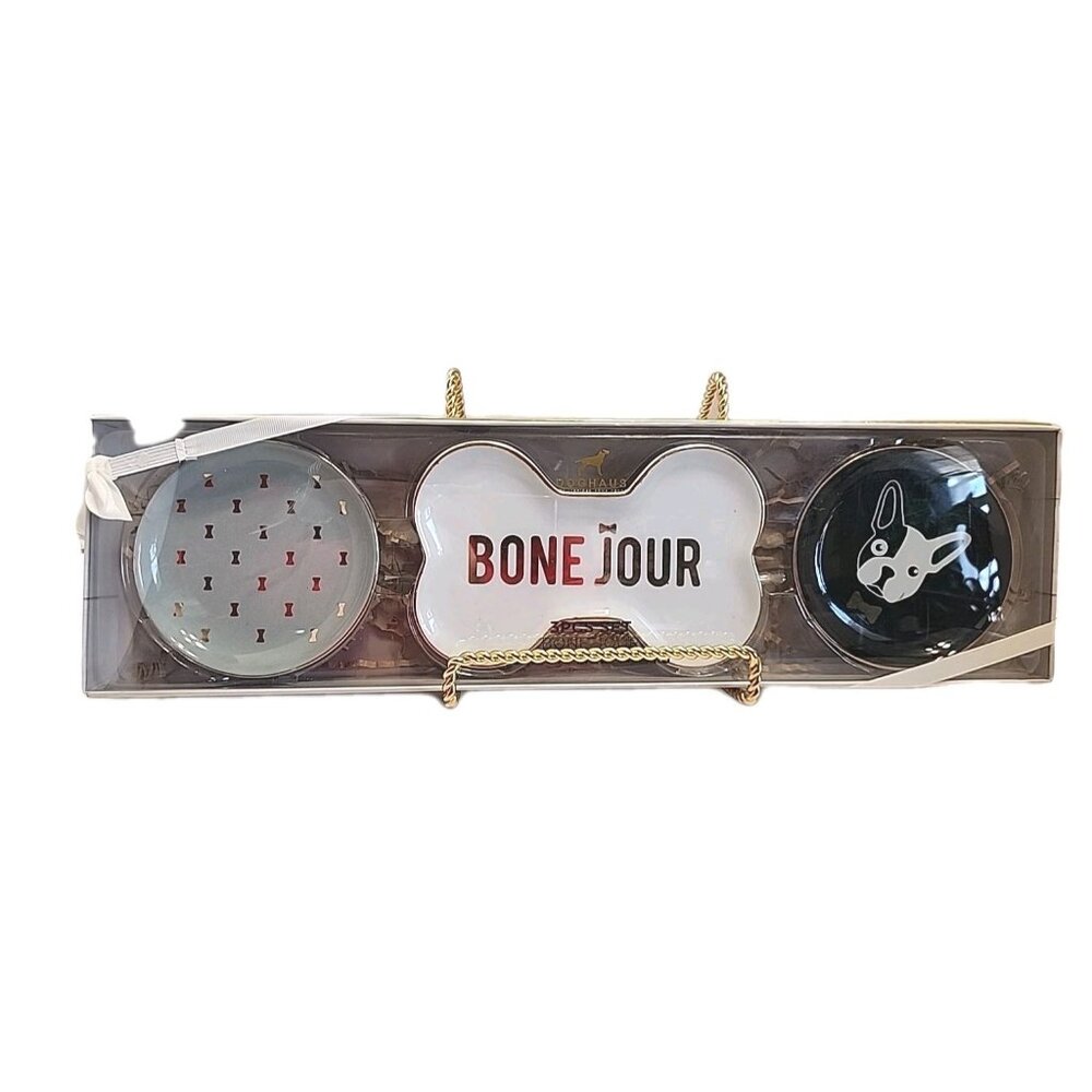 NEW DOGHAUS Boxed Set 3 Bone Jour Plates French Bulldog/Boston Terrier Gift Tag